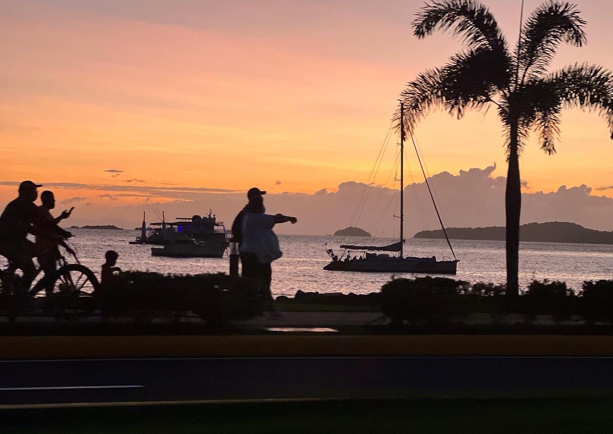 Sailboats at anchor off the Amador Causeway at sunset, Panama City